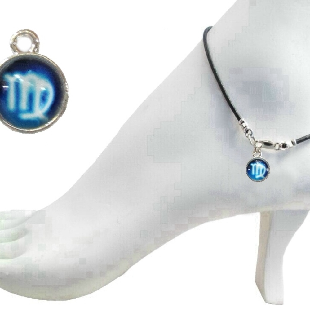 Black Leather Anklet ~  Virgo Zodiac Charm